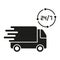 Delivery Service 24 7 Silhouette Icon. Express Cargo Vehicle Around The Clock Glyph Pictogram. Parcel Shipment Time