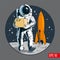 Delivery service, astronaut holding package or cardboard box. Space colonization. Shipping cargo to space. Vector illustration