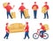 Delivery service. Cartoon mail man and food delivery worker carrying cardboard boxes. Vector scenes of courier with