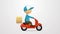 Delivery service. Cartoon man riding a scooter with delivery box. 4K video