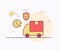 Delivery service concept car van around clock shield icon with soft color solid line style
