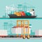Delivery service concept. Container cargo ship loading, truck loader, warehouse.