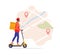 Delivery service concept, food delivery. Man courier riding electric scooter with yellow package product box. Map with red pins,