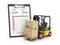Delivery service concept. Forklift with parcel carton cardboard