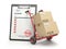 Delivery service concept. Hand truck with parcel carton cardboard boxes and clipboard with receipt form isolated on white.