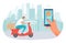 Delivery service, courier with order, vector illustration, huge hand hold smartphone with pizza transportation app, flat