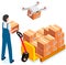 Delivery service with drone, shipping parcel package with drone from warehouse, modern logistic