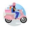 Delivery service flat concept vector icon. Express scooter courier delivering order sticker, clipart. Woman riding motorbike with