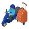 Delivery service icon isometric vector. Man moto delivery courier and suitcase