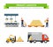 Delivery service logistic flat icons: deliverymen, truck, box