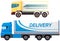 Delivery service machine near small lorry. Trucks, freight vehicles for transporting goods