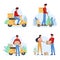 Delivery service male courier flat vector illustration set