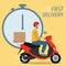 Delivery service. Man riding motor scooter with a box. Stop clock. Fast delivery. E-commerce concept. Shipping