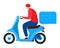 Delivery service by moped scooter, man courier with cartoon box at motorcycle, vector illustration. Deliver driver flat