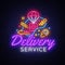 Delivery Service Neon Logo Vector. Fast delivery neon sign, design template, modern trend design, night neon signboard