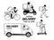 Delivery service set. Couriers in face masks walking, riding bicycle, electric scooter, motorbike, driving truck. Vector