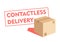 Delivery service. Stamp - Contactless delivery in pink text on a white isolated background. Craft box close-up with a pink shadow.