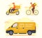 Delivery service transportation set courier riding motorcycle bicycle car van shipping parcel package modern flat style