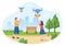 Delivery Service use Drone Background Vector Illustration. Employee Distributing Boxes using Modern Technology Device for Shipping