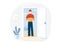 Delivery service vector illustration. Courier stand near open home door and hold package box. Man protected by safe mask