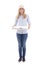 Delivery service woman holding pizza cardboard box isolated on w