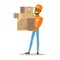 Delivery Service Worker In Orange Cap Holding Pile Of Boxes, Smiling Courier Delivering Packages Illustration