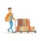 Delivery Service Worker Pushing Loaded Cart, Smiling Courier Delivering Packages Illustration