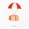 Delivery Services and E-Commerce. Package is flying on parachute. Flat vector illustration elements isolated on transparent backgr