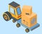 Delivery and shipment service vector illustration. Loader machine transports cardboard boxes