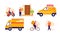 Delivery and shipping set with vehicles, flat vector illustration isolated.