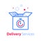 Delivery time, fast shipment, stopwatch and box, waiting period, timely distribution