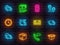 Delivery topic colorful neon icons set on a brick wall background