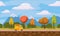 Delivery, transportation, truck, autumn landscape, cartoon style, trees, clouds, earth, vector illustration