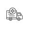 Delivery truck add plus icon. loading shipment item or medical transportation illustration. simple outline vector symbol design.