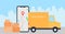 Delivery truck with cardboard box on mobile phone and city background. Phone with map and gps pin with location on screen.