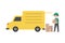 Delivery truck and deliveryman holding box. Logistics and Shipping