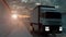 Delivery Truck driving on a highway at sunset backlit by a bright orange sunburst under an ominous cloudy sky. 3d Rendering