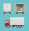 Delivery truck isolated on blue background. Side and  back view. Transport services, logistics and freight of goods.