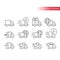 Delivery truck or lorry line vector icon set. Fast delivery, speed marks, clock and international shipping symbols