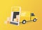 Delivery truck opens the door from the mobile phone screen.