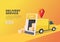 Delivery truck opens the door from the mobile phone screen. Online delivery service banner.