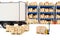 Delivery truck with parcels and pallet truck with cardboard boxes, warehouse. 3D rendering