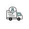 Delivery truck with people icon. shipment driver or courier information illustration. simple outline vector symbol design.