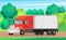 Delivery truck rides on road near autumn trees. Wagon with trailer for transporting goods worldwide