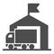 Delivery truck and warehouse solid icon, transportation delivery service symbol, storage building with truck vector sign