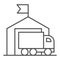 Delivery truck and warehouse thin line icon, transportation delivery service symbol, storage building with truck vector