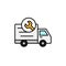 Delivery truck with wrench icon. shipment car under repair in machine shop illustration. simple outline vector symbol design.