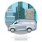 Delivery van car - fast and free vector illustration. Van with free deliver service on cityscape background. Can use for