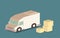Delivery van and cardboard packaging isometric icon. Vector illustration