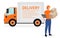 Delivery van driver with parcels flat character. Courier, postman, deliveryman holding cardboard boxes and order receipt isolated